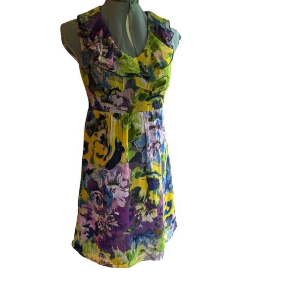 Ann Taylor Loft Womens Dress Size 0 Petite Floral Watercolor Ruffle Neck - Picture 1 of 4